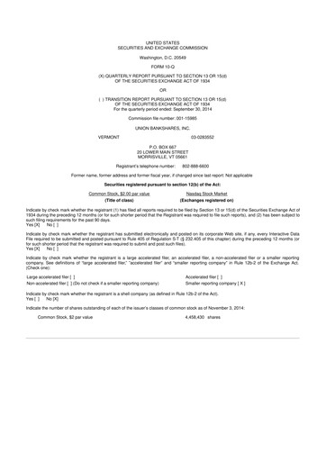 Thumbnail Union Bankshares 10-Q Quarterly Report FY2014 