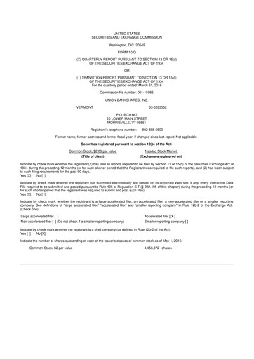 Thumbnail Union Bankshares 10-Q Quarterly Report FY2016 
