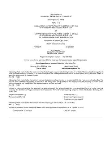 Thumbnail Union Bankshares 10-Q Quarterly Report FY2018 