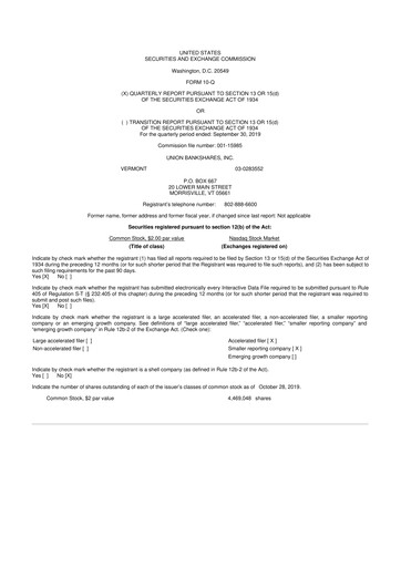 Thumbnail Union Bankshares 10-Q Quarterly Report FY2019 