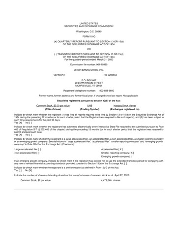 Thumbnail Union Bankshares 10-Q Quarterly Report FY2020 