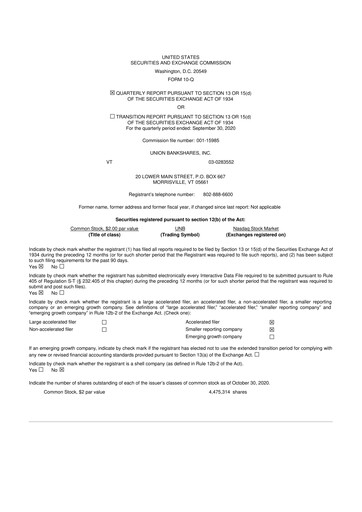 Thumbnail Union Bankshares 10-Q Quarterly Report FY2020 