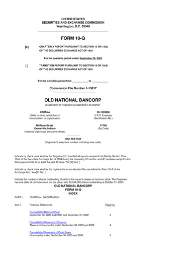 Thumbnail Old National Bank
 10-Q Quarterly Report FY 