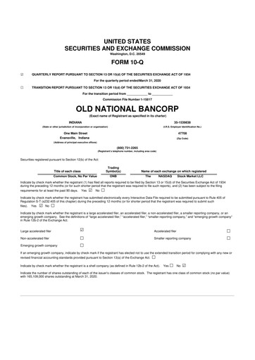 Thumbnail Old National Bank
 10-Q Quarterly Report FY2020 