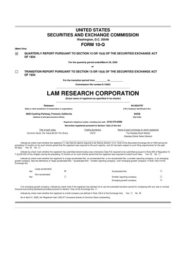 Thumbnail Lam Research 10-Q Quarterly Report FY 