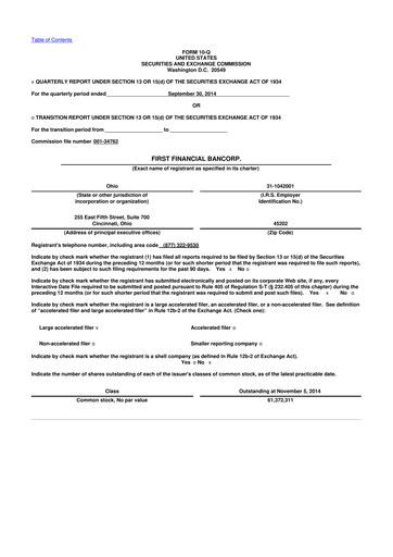 Thumbnail First Financial Bank
 10-Q Quarterly Report FY2014 