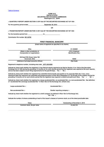 Thumbnail First Financial Bank
 10-Q Quarterly Report FY2015 