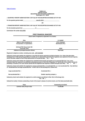 Thumbnail First Financial Bank
 10-Q Quarterly Report FY2016 