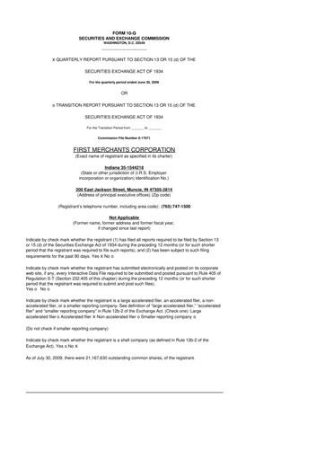 Thumbnail First Merchants Corporation
 10-Q Quarterly Report FY 