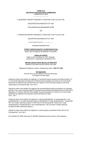 Thumbnail First Merchants Corporation
 10-Q Quarterly Report FY 