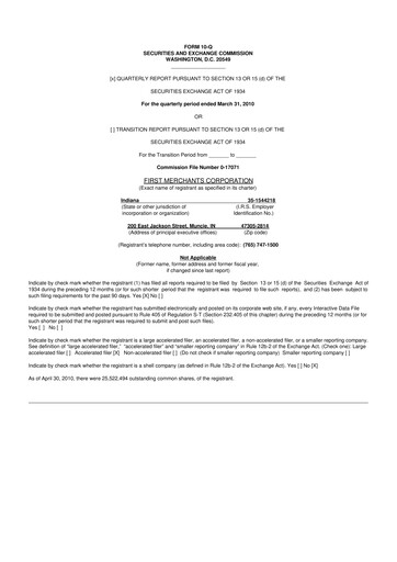 Thumbnail First Merchants Corporation
 10-Q Quarterly Report FY 