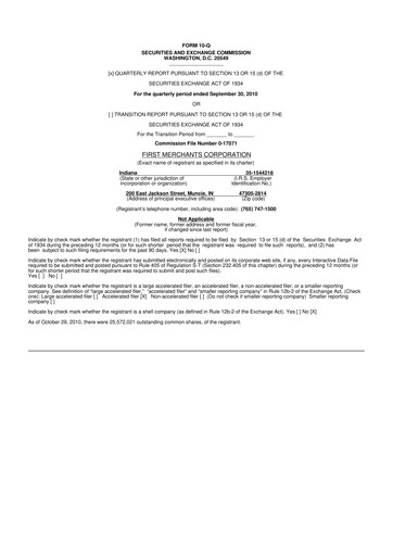 Thumbnail First Merchants Corporation
 10-Q Quarterly Report FY 