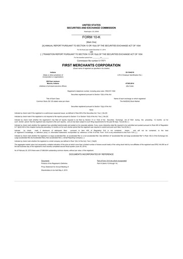 Miniature First Merchants Corporation
 10-K Rapport annuel 2014