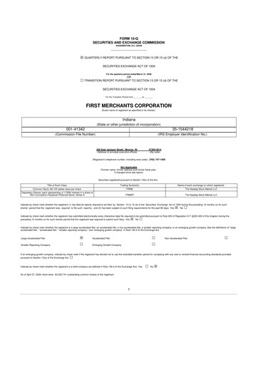 Thumbnail First Merchants Corporation
 10-Q Quarterly Report FY 