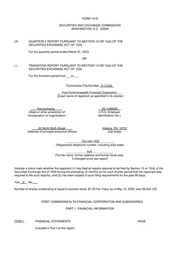 Thumbnail First Commonwealth Financial Corp 10-Q Quarterly Report FY 