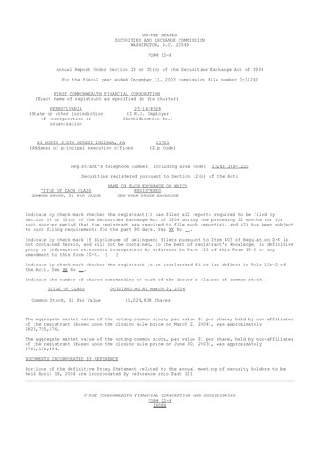 Thumbnail First Commonwealth Financial Corp 10-K Annual Report 