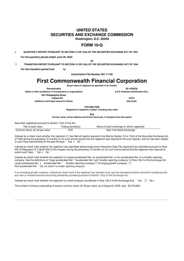 Thumbnail First Commonwealth Financial Corp 10-Q Quarterly Report FY2022 