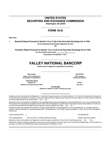 Thumbnail Valley Bank 10-Q Quarterly Report FY2014 