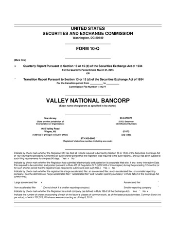 Thumbnail Valley Bank 10-Q Quarterly Report FY2015 
