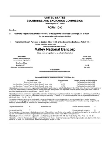 Thumbnail Valley Bank 10-Q Quarterly Report FY2019 