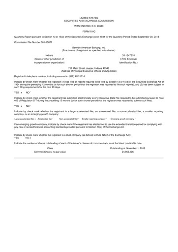 Thumbnail German American Bancorp 10-Q Quarterly Report FY2018 