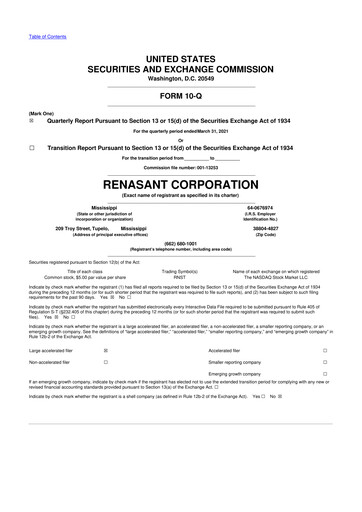 Miniature Renasant Corp 10-Q Rapport trimestriel  