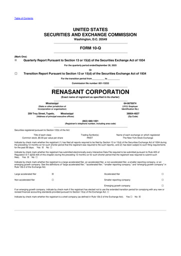 Miniature Renasant Corp 10-Q Rapport trimestriel  