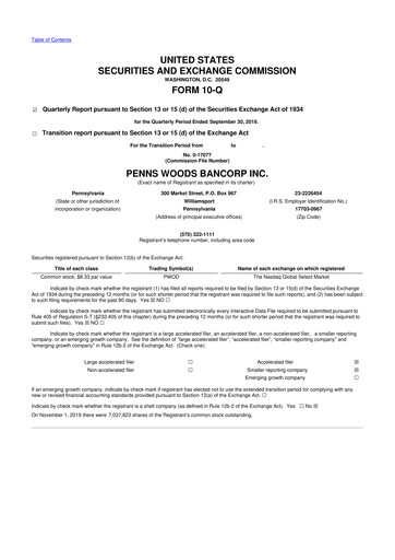Thumbnail Penns Woods Bancorp 10-Q Quarterly Report FY2019 