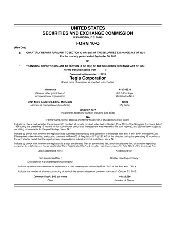 Thumbnail Regis Corporation
 10-Q Quarterly Report FY2016 