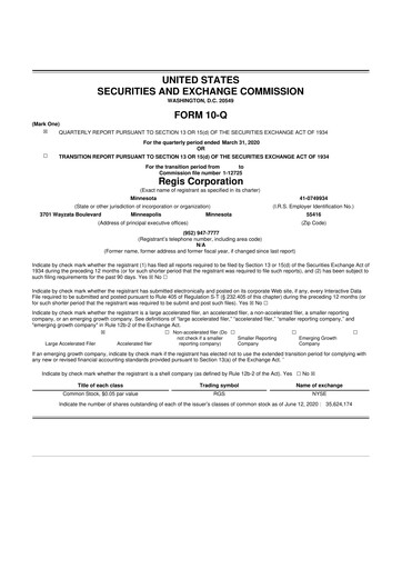 Thumbnail Regis Corporation
 10-Q Quarterly Report FY2020 