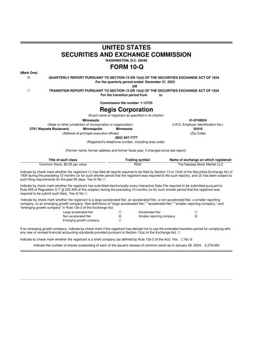 Thumbnail Regis Corporation
 10-Q Quarterly Report FY2024 