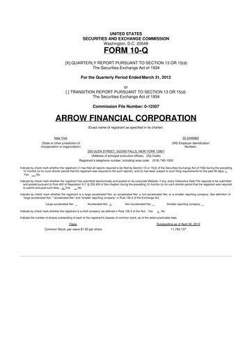 Thumbnail Arrow Financial 10-Q Quarterly Report FY2012 