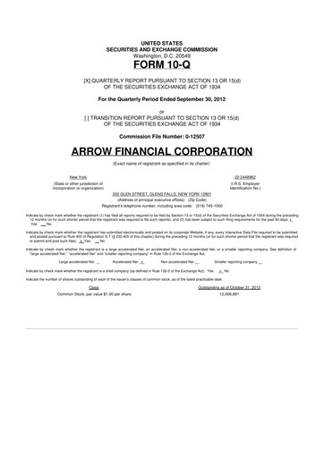 Thumbnail Arrow Financial 10-Q Quarterly Report FY2012 