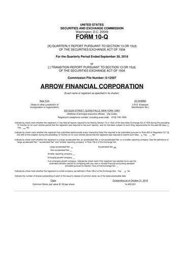 Thumbnail Arrow Financial 10-Q Quarterly Report FY2018 
