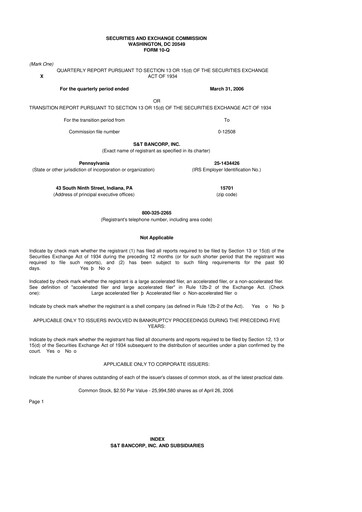 Thumbnail S&T Bancorp 10-Q Quarterly Report FY 