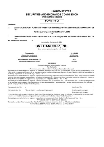 Thumbnail S&T Bancorp 10-Q Quarterly Report FY2018 