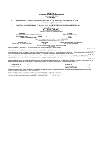 Thumbnail S&T Bancorp 10-K Annual Report 2025