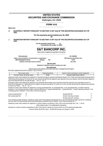 Thumbnail S&T Bancorp 10-Q Quarterly Report FY2026 