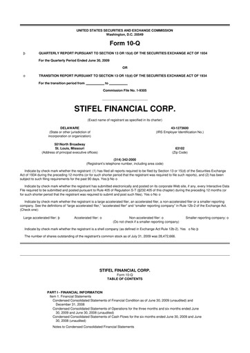 Miniature Stifel
 10-Q Rapport trimestriel  