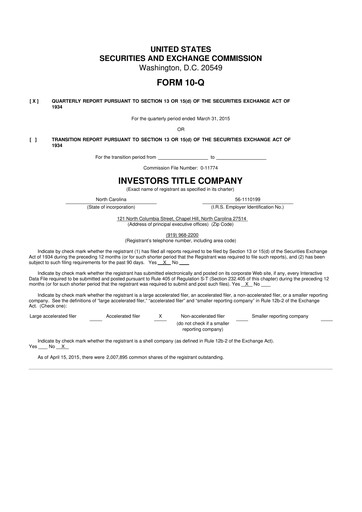 Thumbnail Investors Title Company
 10-Q Quarterly Report FY2015 