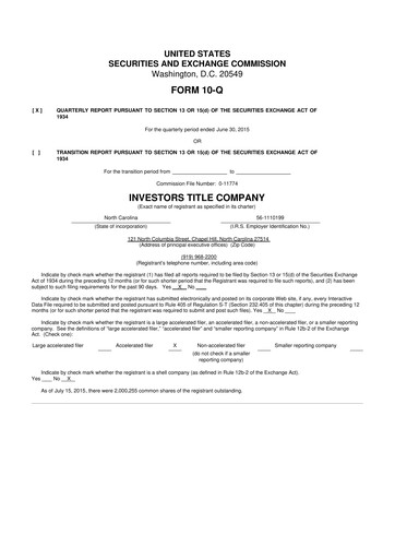 Thumbnail Investors Title Company
 10-Q Quarterly Report FY2015 