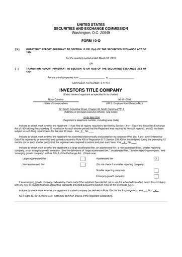 Thumbnail Investors Title Company
 10-Q Quarterly Report FY2018 
