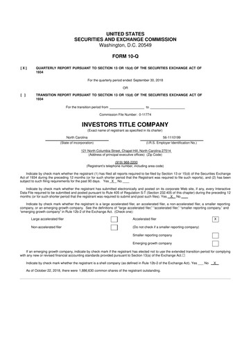 Thumbnail Investors Title Company
 10-Q Quarterly Report FY2018 