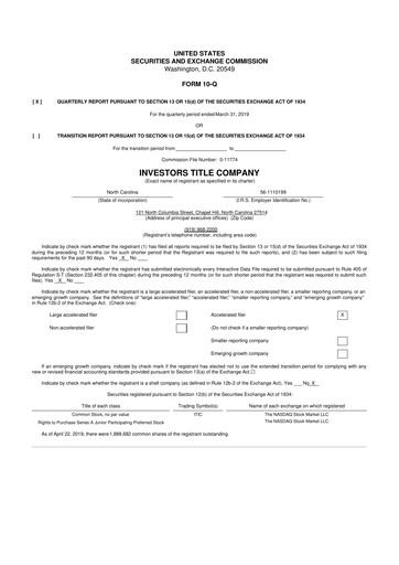 Thumbnail Investors Title Company
 10-Q Quarterly Report FY2019 