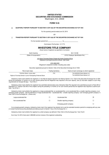 Thumbnail Investors Title Company
 10-Q Quarterly Report FY2019 