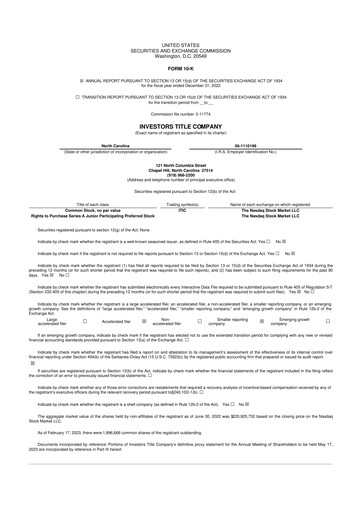 Thumbnail Investors Title Company
 10-K Annual Report 2022