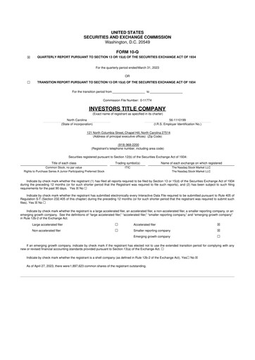 Thumbnail Investors Title Company
 10-Q Quarterly Report FY2023 