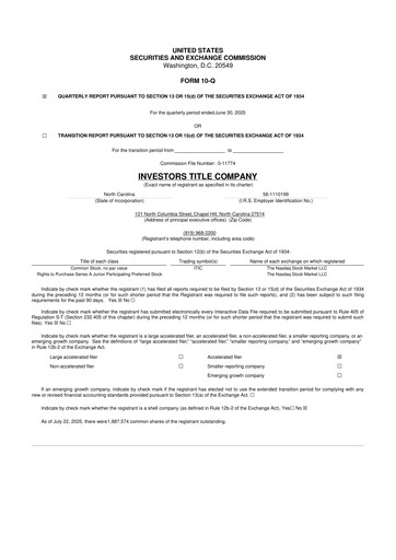 Thumbnail Investors Title Company
 10-Q Quarterly Report FY2025 