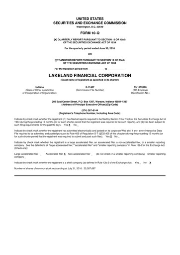 Thumbnail Lakeland Financial Corp 10-Q Quarterly Report FY2016 