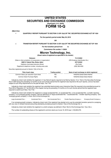 Thumbnail Micron Technology 10-Q Quarterly Report FY2019 